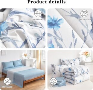 7 Pieces Bed in a Bag King Comforter Set with Sheets, Blue Flower Branch on White Botanical Bedding Sets for All Season (1 Comforter, 2 Pillow Shams, 1 Flat Sheet, 1 Fitted Sheet, 2 Pillowcases) - Image 4