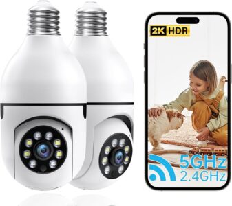 Light Bulb Security Camera, 2.4G 5GHz WiFi Security Cameras Wireless Outdoor Indoor, 2K Bulb Cameras for Home Security Outside, Motion Detection Alarm, Two Way Talk, Color Night Vision 2 Pack