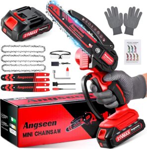 Mini Chainsaw Cordless 6 Inch, 850w Electric Chainsaw with 3 Chains and 2 Guide Plate Light Weight Chainsaw Battery Chain Saw for Wood Cutting Tree Trimming(Red1*Battery)