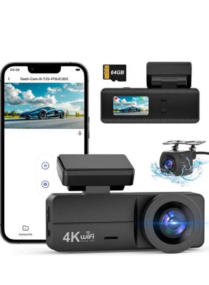 4K Dash Cam Front and Rear, WiFi Dash Cam with 64GB Card, 4K+1080P Dash Camera for Cars, WiFi
