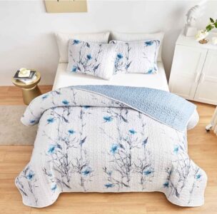 Botanical Quilt Set 3 Pieces Full/Queen Size, Blue Flower Branch on White Reversible Bedspread - Image 6