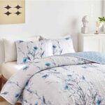 Botanical Quilt Set 3 Pieces Full/Queen Size, Blue Flower Branch on White Reversible Bedspread - Image 5