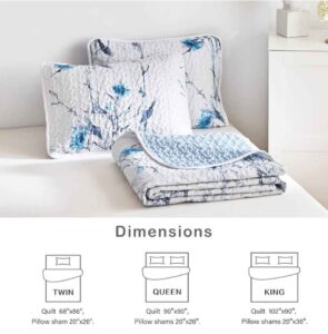 Botanical Quilt Set 3 Pieces Full/Queen Size, Blue Flower Branch on White Reversible Bedspread - Image 3
