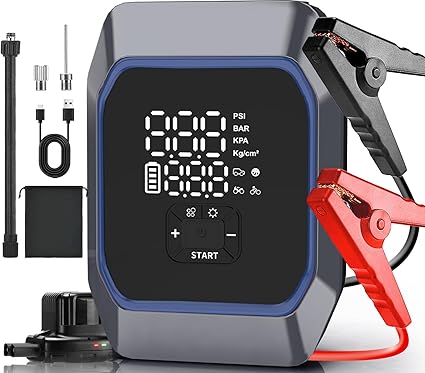 Jump Starter with Air Compressor, Portable Car Battery Jump Starter Battery Pack (8.5 Gas/8.0L Diesel), 12V Jumper Starter Portable Jump Box with LED Display, Emergency Light, Power Bank