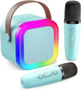 Karaoke Machine for Kids Adults, Mini Karaoke Machine with 2 Wireless Microphones, Portable Bluetooth Speaker with Voice Changing Effects & LED Lights, Best Gifts Toys for Girls and Boys
