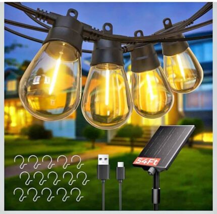 Solar String Light Outdoor 52FT 15+2 bulbs with 8 lightning and 4 dimming modes Shatterproof bulbs