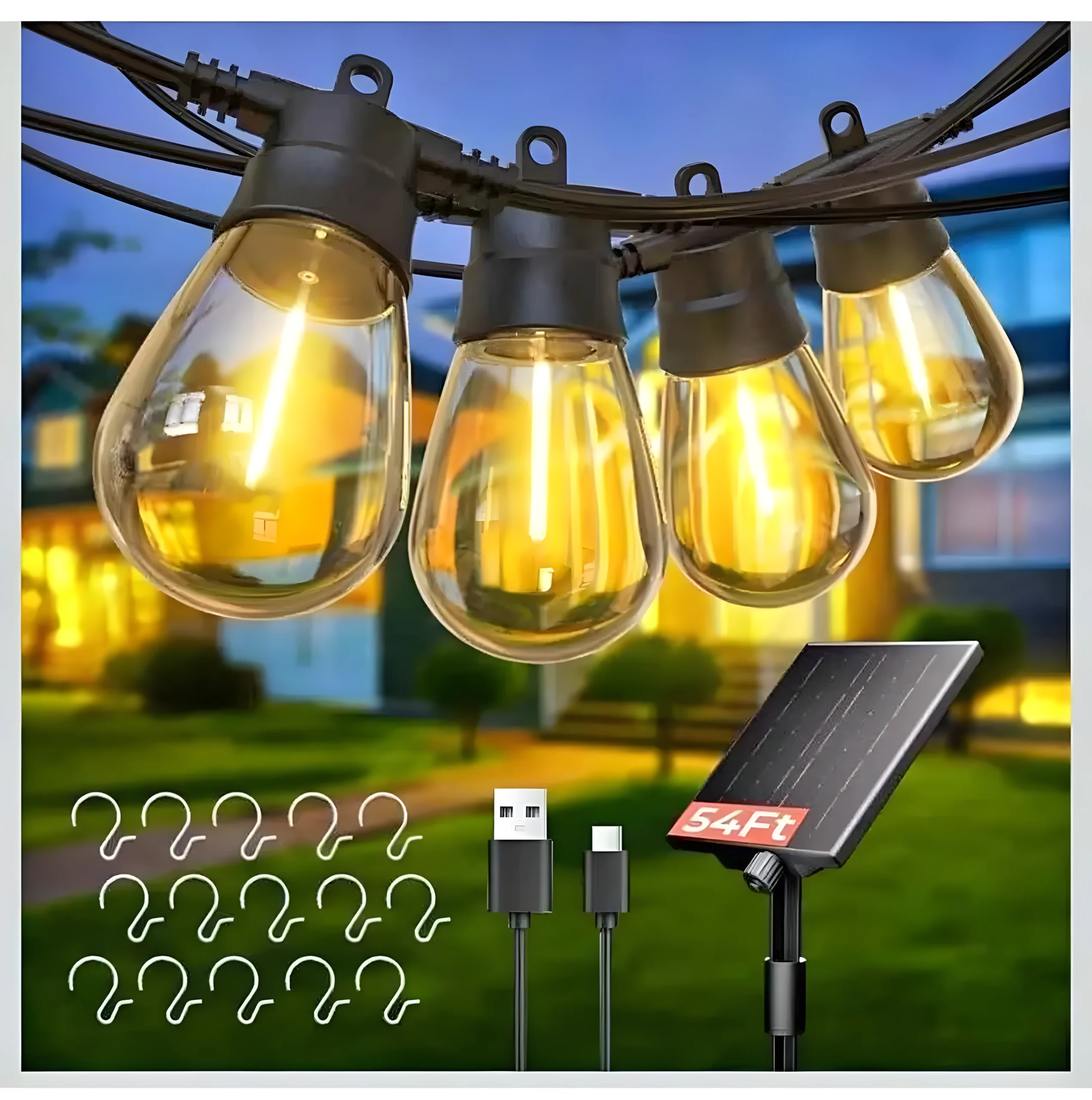 Solar String Lights Outdoor 52FT with 15+2 Shatterproof Bulbs